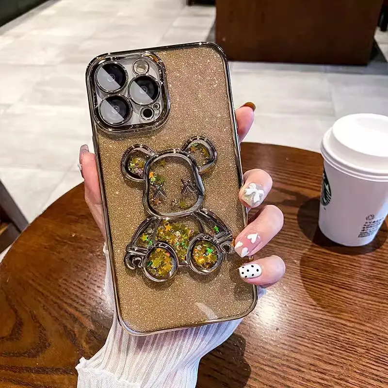 2024 three-dimensional violent bear mobile phone case 15 electroplated tpu glitter suitable for apple 13 quicksand iphone14 case