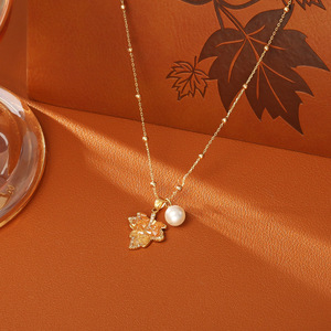 Collar de Cadena Larga Ajustable con Hoja de Arce y Perla de Cobre para Mujer, Colgante de Hoja de Arce con Degradado - Product Image 6