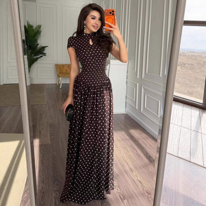 Summer Elegant Women's Polka <strong>Dot</strong> Spliced Short Puff Sleeve Stand Collar Hollow-out Slim Fit High Waist Pleated A-<strong>line</strong> <strong>Maxi</strong> <strong>Dress</strong> - Product Image 5