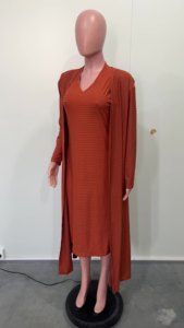 ชุดเดรสคอวีเข้ารูปลายทางแฟชั่นชุดเดรสผู้หญิงสองชิ้นสีล้วน - Product Image 6