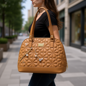 Bolso de Mano para Mujer Fana Aubrey M3755 Color Camel con Patrón Geométrico, Bolso de Hombro de Lujo con Forma de Bowling para Uso Diario Informal - Product Image 2