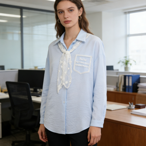 Camisa <span class=keywords><strong>de</strong></span> Encaje con Botones Decorativos para Mujer, Blusa Casual <span class=keywords><strong>de</strong></span> Manga Larga con Solapa y Bolsillo Bordado, Ropa <span class=keywords><strong>de</strong></span> Oficina - Product Image 5