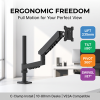 Support de moniteur unique à ressort mécanique, pivotant, inclinable, réglable en hauteur pour écran de 17 à 32 pouces, VESA 75x75 100x100