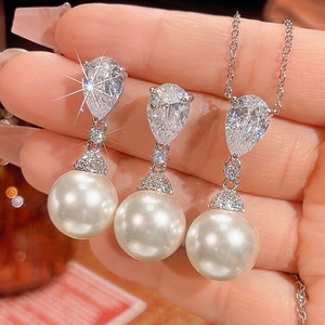 Refined Eco-friendly Copper 14mm Shell Pearl Zirconia Pendant <b>Earrings</b> <b>Set</b> Imitation Pearl Jewelry <b>Set</b> for Women - Product Image 3