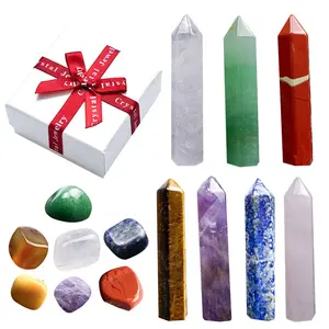 Doğal taşlar değnek noktası kristaller eskitme çakra taşları hediye seti ekran beyaz hediye kutusu kristaller ve şifa taşları seti