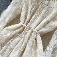 Robe midi élégante pour femme WIWT, broderie en dentelle, coupe trapèze, col montant, manches longues, poignets fourrés, taille perlée, pour le quotidien