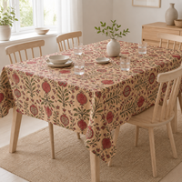Nappe Rectangulaire Moderne Style Ferme, Motif Floral Bleu, 100% Coton Pur, Imprimé Grenade Terracotta, Décoration Rustique pour Salle à Manger