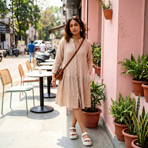 Robe chemise midi en denim de coton beige pour femme, décontractée, avec tissu léger et coupe tendance - Product Image 1