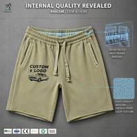 Shorts de survêtement RAMAX 400 GSM épais avec logo personnalisé, kaki, cordon de serrage, poches cargo, streetwear décontracté pour hommes, vente en gros OEM ODM
