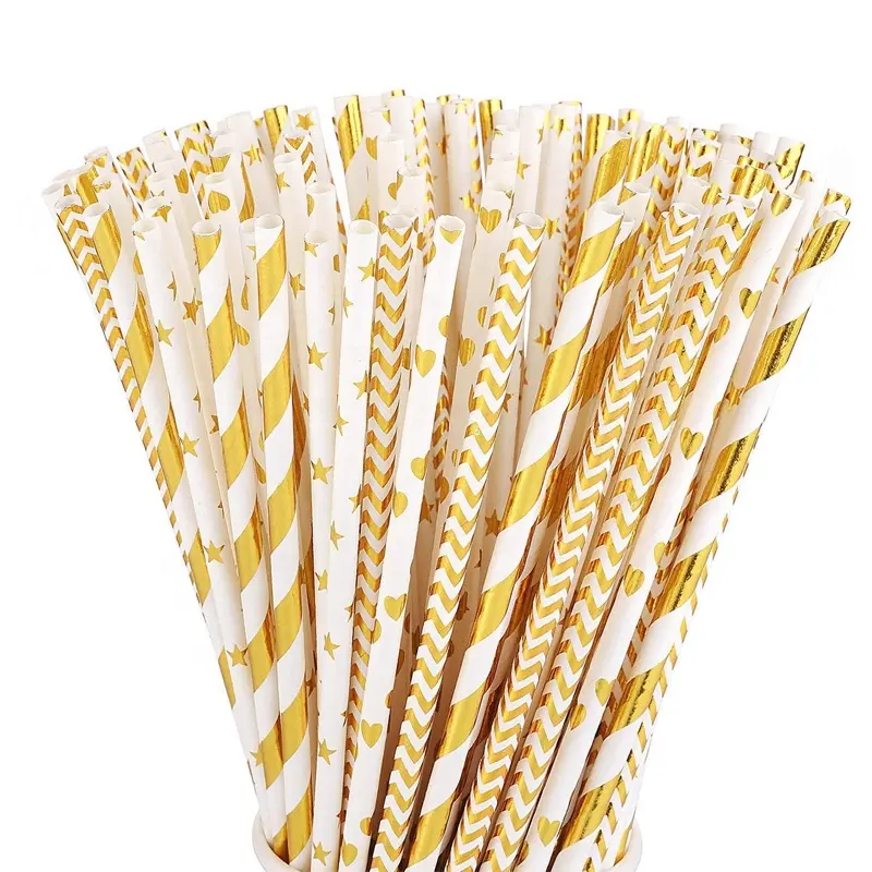 Biodegradable Paper Straws Disposable Metallic Foil Gold Silver Colorful Eco Friendly Kraft Paper Drinking Straws