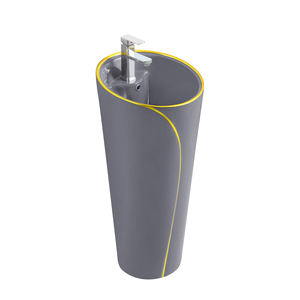 Lavabo moderne autoportant monobloc rond en céramique sur pied pour lavage des mains pour hôtel - Product Image 3