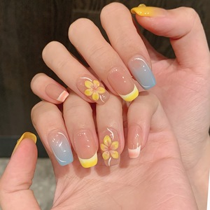 Faux ongles en acrylique à presser faits main, <span class=keywords><strong>pastel</strong></span> frais, ombré jaune <span class=keywords><strong>bleu</strong></span> <span class=keywords><strong>rose</strong></span>, finition French Manucure <span class=keywords><strong>et</strong></span> décor floral stéréoscopique - Product Image 2