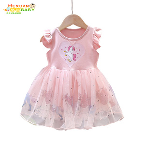 New Summer New Type Cartoon Unicorn Flutter Sleeve 1-3 anni Old Blue Pink Purple Mesh Dress Trendy Baby Girl Cotton Dresses - Product Image 2