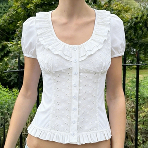 Blusa Casual Texturizada de Verano para Niñas, con Volantes, Encaje, Botones al Frente y Manga Corta, Color Sólido - Product Image 2