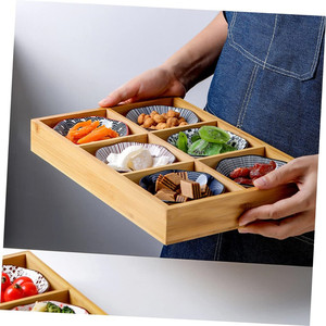 Vassoio <span class=keywords><strong>da</strong></span> Tavolo Multiuso a 6 Scomparti per Frutta, Piatto di Servizio per Dessert, <span class=keywords><strong>Scatola</strong></span> in Bambù a Sei Griglie per Snack, Patatine, Salse e Frutta Secca - Product Image 2
