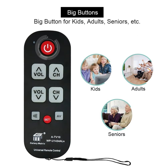 Big Button TV Remote for Seniors A-TV10 Universal Controller Waterproof Remote Control for All TV Models