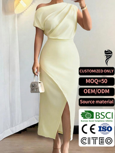 Abito da sera formale elegante a mezza lunghezza, nuovo design estivo 2026, monocolore, <span class=keywords><strong>con</strong></span> spalle scoperte, vita elasticizzata e <span class=keywords><strong>spacco</strong></span> - Perfetto per occasioni speciali - Product Image 1