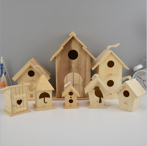 Jardin fait à la main décoratif nouveau extérieur bricolage boîte de nid d'oiseau bleu arbre suspendu cabanes d'oiseaux en bois inachevé en gros. - Product Image 4