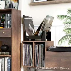 Hollowed-out wooden <b>record</b> <b>rack</b>, office desktop document and magazine storage <b>rack</b>, solid wood vinyl album and <b>record</b> <b>rack</b> - Product Image 3
