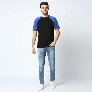 เสื้อยืดคอกลมแขนเสื้อแบบเรแกล ผ้าฝ้าย 100% คุณภาพพรีเมียม ลายเรียบ สีผสมน้ำเงินและดำ ทรงหลวมสำหรับผู้ชาย - Product Image 1
