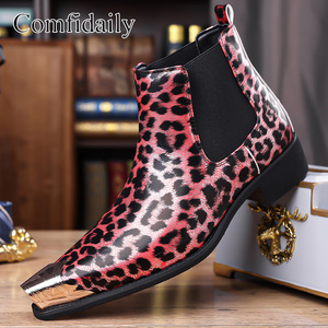 Bottines Chelsea pour homme Comfidaily à imprimé léopard, bout carré, en cuir véritable, à enfiler, tendance mode - Product Image 2