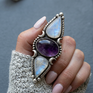 Moonstone Amethyst 925 <b>Solid</b> Sterling <b>Silver</b> Gemstone Statement Ring Bezel Setting Adjustable for Party Wear Women's Unisex - Product Image 2