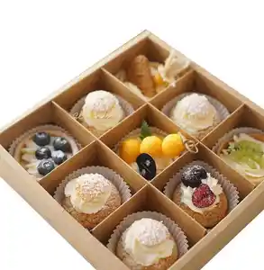 Kraft Paper Cookie Container Square Cupcake Box Packaging 9 Pieces Sweet Mini Cake Box With Clear Window