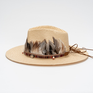 Sombrero de Paja de Ala Ancha de Estilo Casual, Tejido a Mano, con Decoración de Plumas Artificiales, para Playa y Protección Solar - Product Image 3