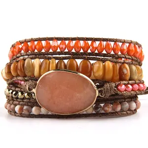 Women Jewelry Handmade Hematite Chip Stone Square Crystal Glass Amazonite Tiger Eye Bracelet Charm 5 Strands Wrap Bracelets