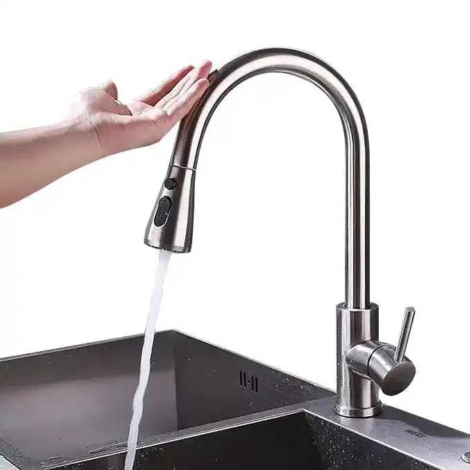 Pull unten 304 edelstahl gebürstet zwei funktionen automatische sprayer küche waschbecken touch sensor für wasserhahn