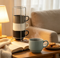 Lot de tasses à café en céramique empilables de style nordique avec support métallique, logo personnalisé, tasses en porcelaine côtelées empilables pour la maison et le bureau
