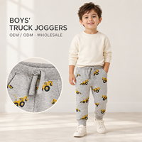 Pantalon de jogging gris pour garçons, imprimé véhicules de construction avec pelles jaunes, taille à cordon de serrage et poches latérales