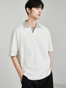 Men's Summer Casual <strong>White</strong> T-Shirt Contrast Color Short- &amp; Half-Sleeved for <strong>Polo</strong> High-End Style <strong>Top</strong> with Simple Solid Pattern - Product Image 3