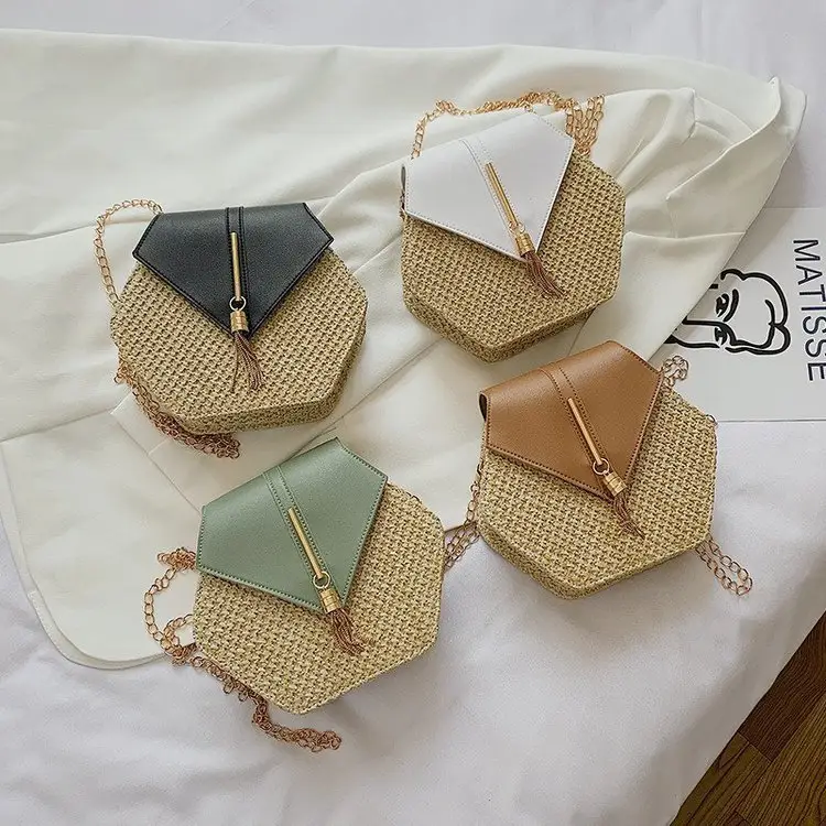 2022 Handmade Ladies Woven Straw Bags Hexagon Chains Shoulder Messenger Purses Travel Bohemian Women Bags