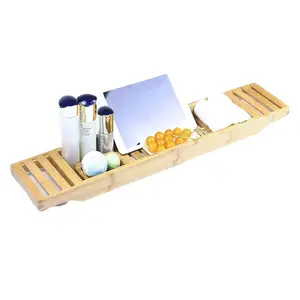 Luxury Premium Bamboo Bathtub Shelf Foldable Bamboo Bathtub Caddy Tray For Bathroom