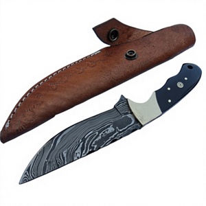 Cuchillo de Hoja Fija para Exteriores, Acero de Damasco, Mango de Madera, Punta Caída, Cuchillo de Caza con Funda de Cuero - Product Image 3