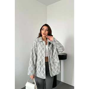 Veste en polaire grise à carreaux diamantés pour femmes en vente en gros - Product Image 6