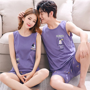 Conjunto de Pijamas para Casais, Camiseta Sem Mangas e Shorts, Pijamas de Algodão para Homens e Mulheres - Product Image 5