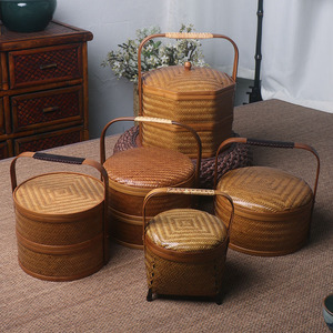 July 7th Handmade <b>Bamboo</b> Woven Basket Round Double Layer Lidded Food <b>Container</b> Traditional Style Tea Storage Box - Product Image 3