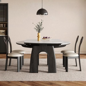 Mesa de comedor de estilo vintage hecha a medida, con tablero de piedra extensible y plegable, de cuadrada a redonda, con superficie de madera maciza de nogal. - Product Image 1
