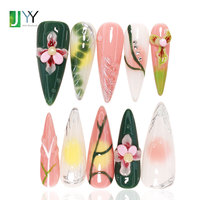 Faux ongles à presser Stiletto longs, peints à la main, motif orchidée estivale, faits main, en gel 3D floral acrylique, de haute qualité, vente en gros