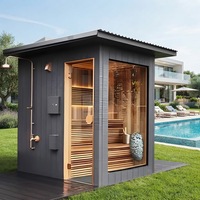 Sauna Luar Ruangan Desain Modern Kubik Inframerah Jauh Uap Kering 9KW Jendela Kaca Panoramic Tungku Kayu Tradisional Hemlock Portabel