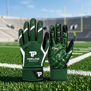 Gants de football américain TOPLINE PRODUCTS, verts, à doigts entiers, avec paume antidérapante et fermeture personnalisée, pour receveurs. - Product Image 1