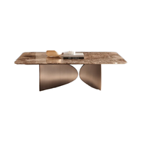 Table à manger rectangulaire moderne de luxe personnalisée, plateau en marbre doré, acier inoxydable, hauteur réglable, 6 places, mobilier de maison