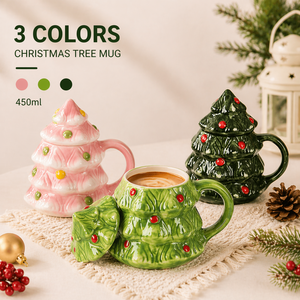 Taza de café de cerámica con diseño de árbol de Navidad y tapa, bonita taza festiva para bebidas, regalo para el hogar u oficina, venta al por mayor - Product Image 1