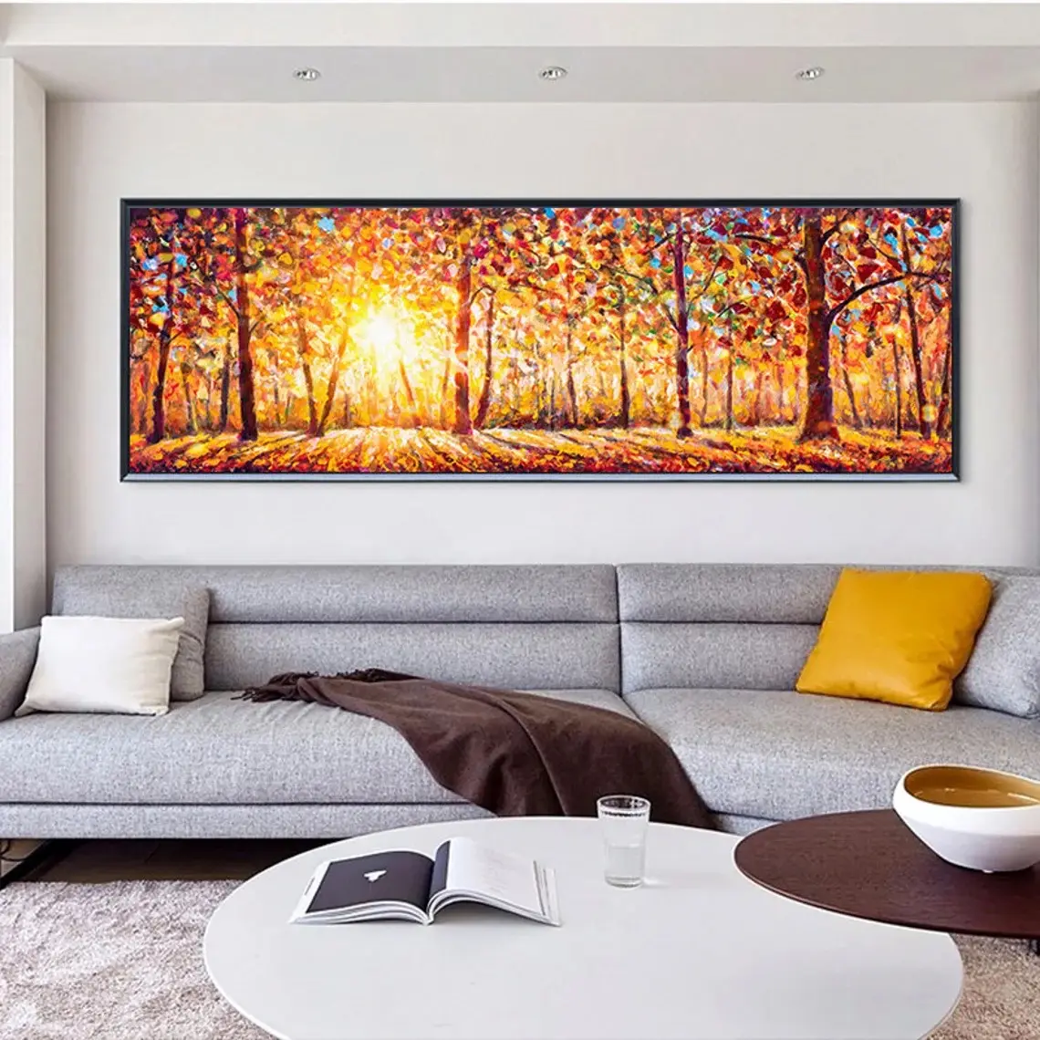 Lớn hoàng hôn rừng sơn dầu trên vải Boho đầy màu sắc mùa thu bức Tranh phong cảnh tác phẩm nghệ thuật cây tường trang trí nội thất