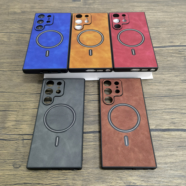 PU Leather Magnetic Mobile Phone Cover for Samsung S24 Ultra S23 S22 S21 Wireless Charger Magnetic Case for iPhone 16 Pro Max