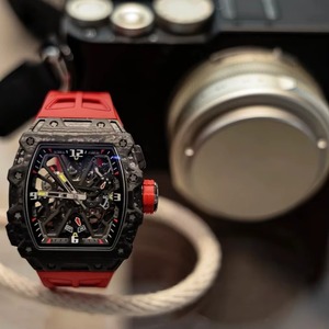 Black Red Contrast Barrel-shaped Leather Strap Sport <b>Watch</b> Large Dial Fully Hollow Design Direction Indicating Mechanical Men's - Product Image 2