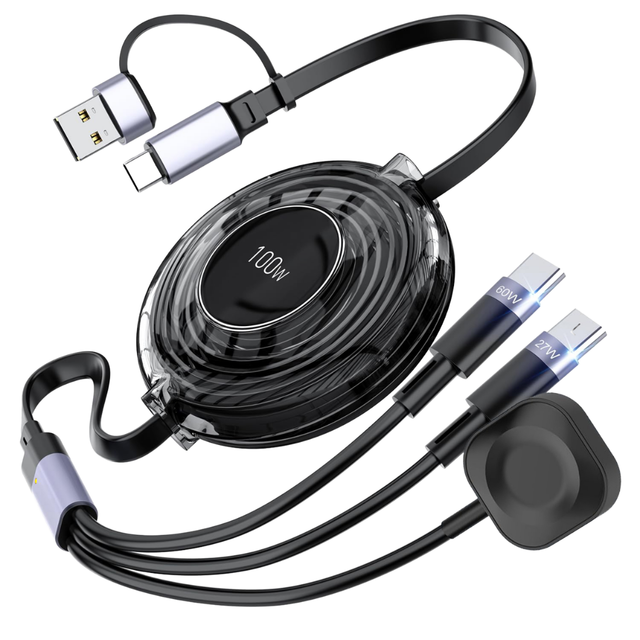 Three-In-One 100W Retractable Type-C USB Charging Cable 1.2m Mobile Phone Car Fast Charging 5A Data Cable
