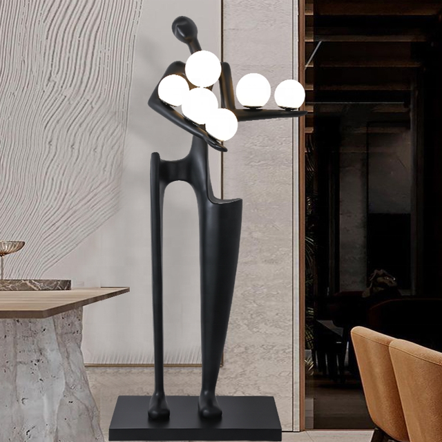 European Style Home Decoration Modern Abstract Art Life Size Casting 3D Fiberglass Resin Man Floor Lamp Statue